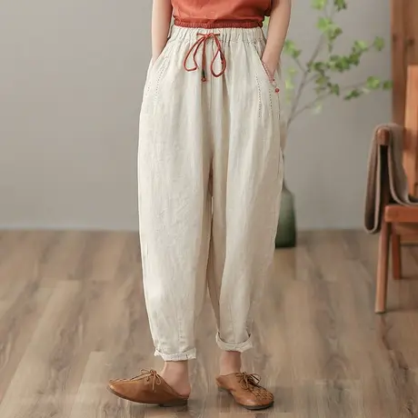 dza 高腰显瘦亚麻哈伦裤女2023夏季薄款九分直筒阔腿裤棉麻休闲裤商品大图