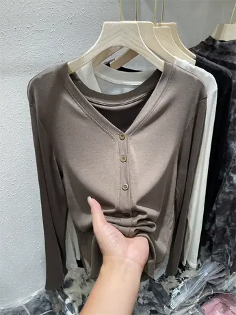 V领纯色薄款天丝长袖T恤女2023早秋新款别致修身百搭减龄开衫上衣商品大图