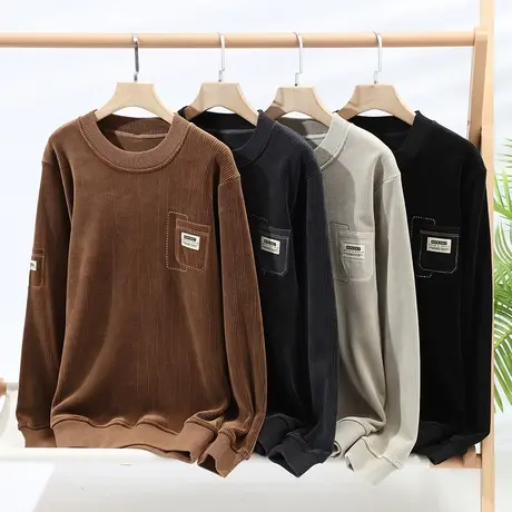 秋冬季重磅卫衣男条绒加绒加厚高级感长袖T恤上衣男潮流圆领外套商品大图
