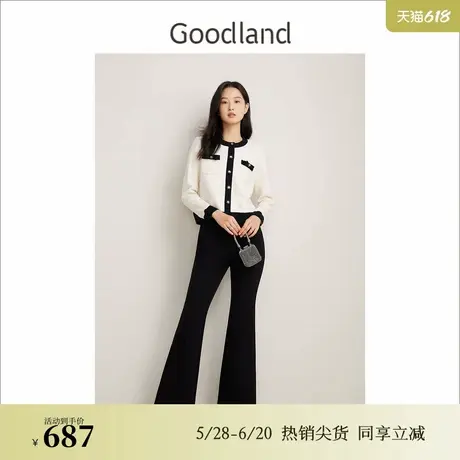 Goodland美地春季法式优雅小香风提花羊毛针织衫撞色上衣图片