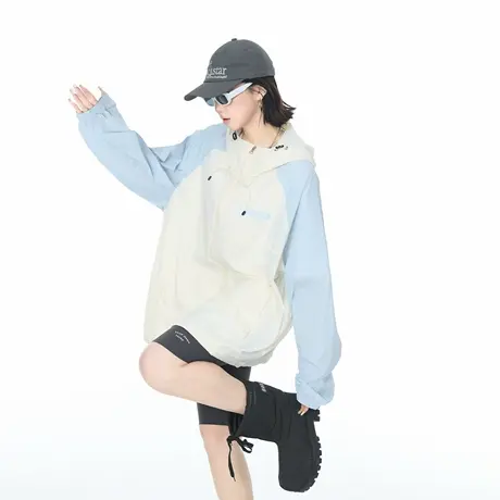 2025夏款upf50+潮流撞色连帽防晒衣男女同款透气户外宽松印花外套商品大图