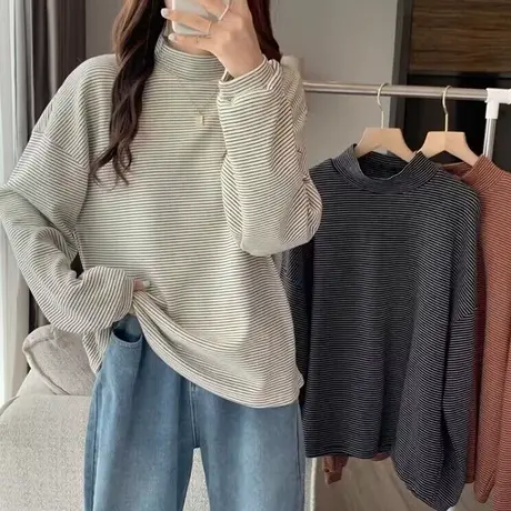 条纹半高领加厚长袖T恤女春秋季宽松显瘦洋气减龄内搭打底衫上衣商品大图