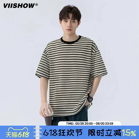 VIISHOW日系慵懒风条纹针织短袖T恤男2025夏季休闲百搭肌理感上衣商品大图