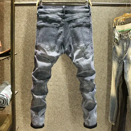 高端原创设计机车牛仔裤男款修身小脚裤秋冬款男士拉链拼接长裤子商品大图