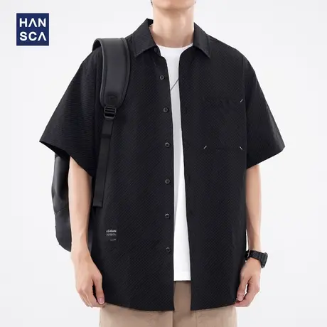 hansca工装短袖衬衫男潮牌夏季薄款宽松休闲百搭痞帅翻领衬衣外套商品大图