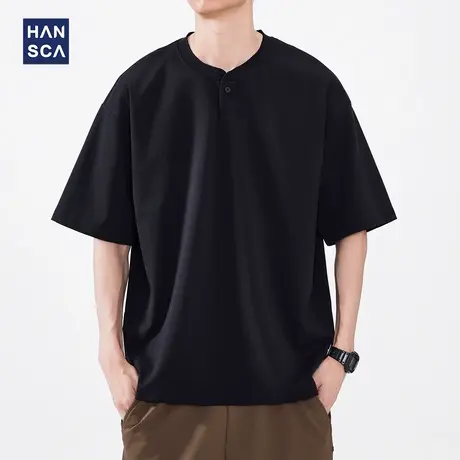 hansca黑色亨利领polo衫男2025夏季薄款透气宽松简约短袖t恤上衣商品大图