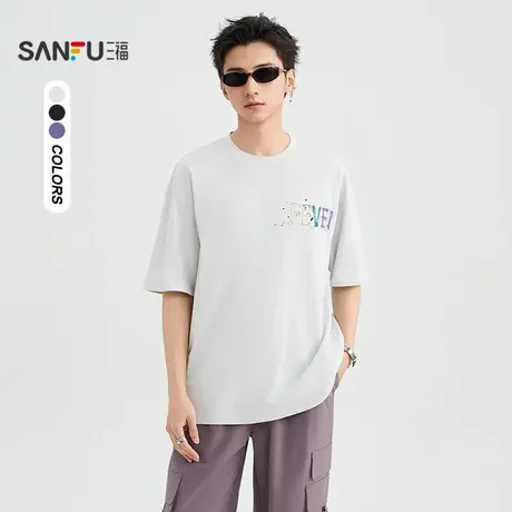 三福2025夏季男士涂鸦字母短T恤 街头潮流圆领宽松上衣500019商品大图