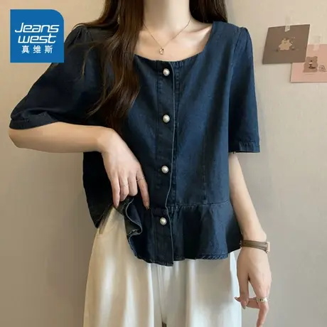 LEP真维斯女款2025夏季新款百搭流行时髦韩系甜美女正肩短袖衬衫图片