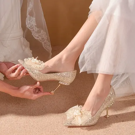 水晶婚鞋女2023年新款秀禾主婚纱两穿香槟色法式新娘高跟鞋不累脚商品大图