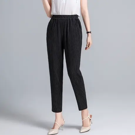 棉麻裤女夏九分裤薄款加肥加大码女裤宽松高腰休闲条纹亚麻哈伦裤图片