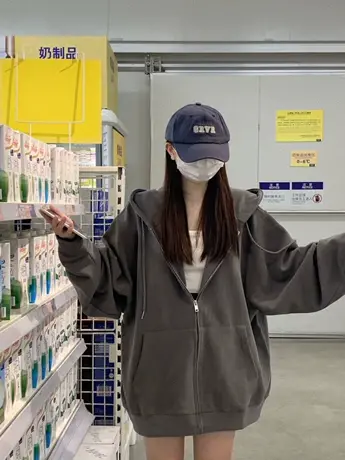 胖mm深灰连帽卫衣女秋高街慵懒风拉链大码外套潮ins加绒显瘦上衣图片