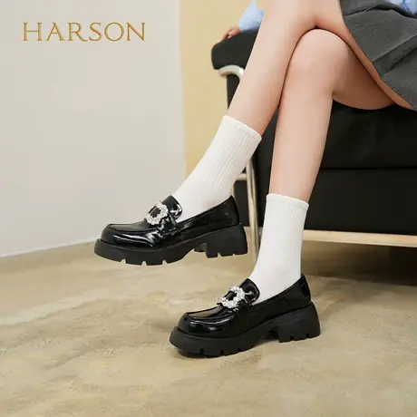 哈森/HARSON【爵士乐福鞋】25新款水钻方扣厚底黑色皮鞋一脚蹬鞋商品大图
