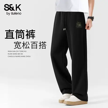 班尼路S&K黑色休闲阔腿裤男青少年日常百搭卫裤熊猫印花男款裤子A商品大图