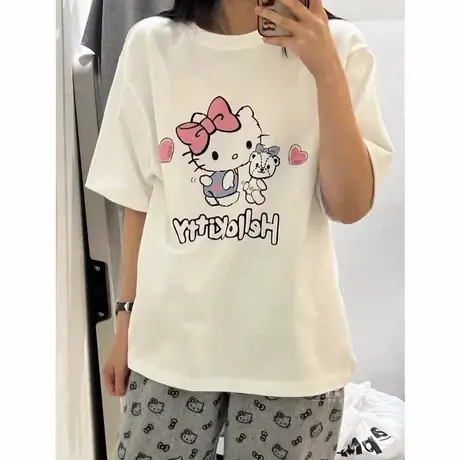 韩国东大门25春夏新款宽松减龄卡通Kitty猫图案舒适圆领短袖T恤女商品大图
