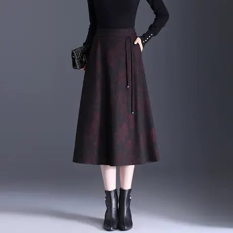 印花毛呢a字裙女秋冬2025新款高腰遮胯显瘦半身裙中长款气质伞裙商品大图