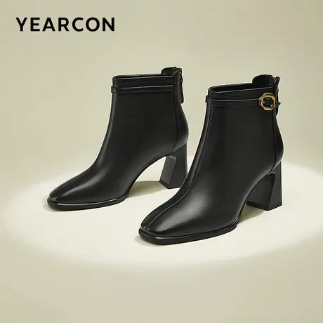 意尔康女鞋2023冬季新款瘦瘦靴真皮加绒短靴方头高跟皮靴女士踝靴商品大图