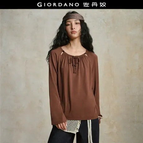 设计师款佐丹奴长袖T恤女可露丽莫代尔串珠抽绳圆领上衣18325824商品大图