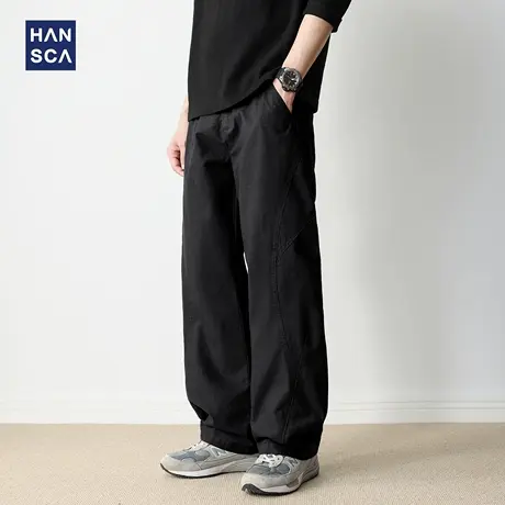 hansca格纹肌理感直筒休闲裤男秋季新款美式复古纯棉拼接黑色长裤商品大图