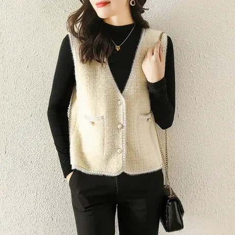 软糯V领针织衫背心女士春秋季毛衣无袖开衫坎肩马甲上衣秋装洋气图片