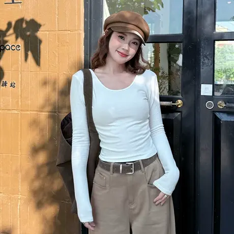 尔给长袖修身T恤女春秋季纯欲设计感简约纯色时尚圆领上衣商品大图