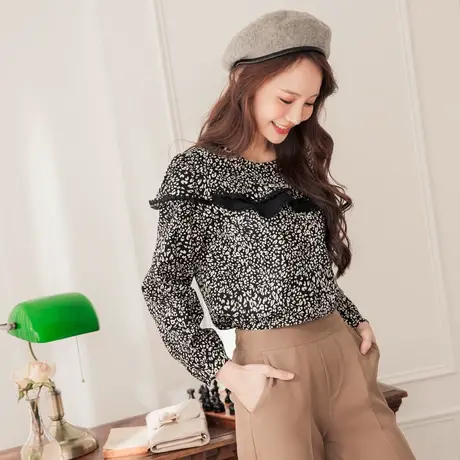 桔熊秋冬季豹纹磨毛小衫不对称荷叶拼接翻领上衣女装大码AB14794图片