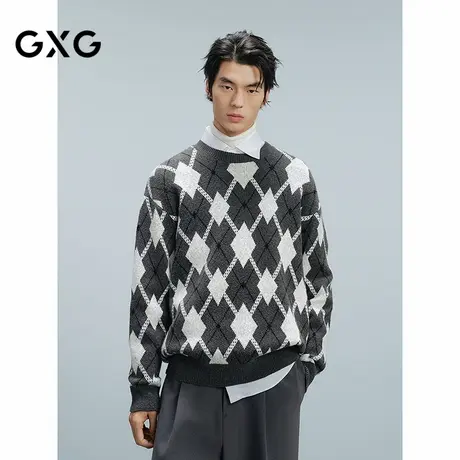 GXG男装 灰白格绞花针织衫男通勤毛衣 24年冬G24X204030商品大图
