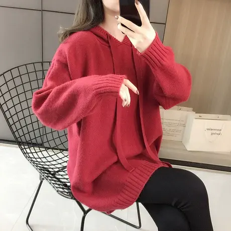 连帽针织衫女装2023年秋冬新款宽松套头上衣慵懒风中长款毛衣外套图片