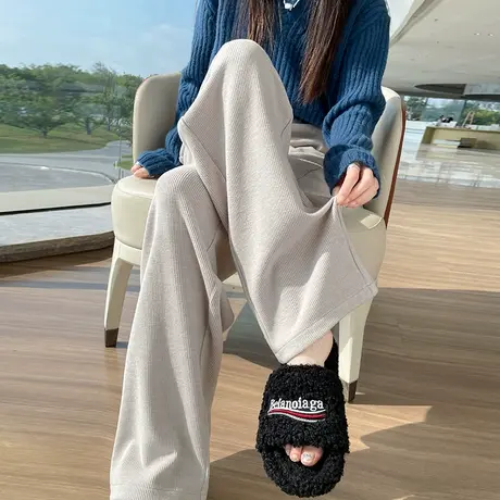 米白色阔腿裤女秋冬季高腰显瘦垂感加厚羊绒窄版休闲宽松直筒裤子图片