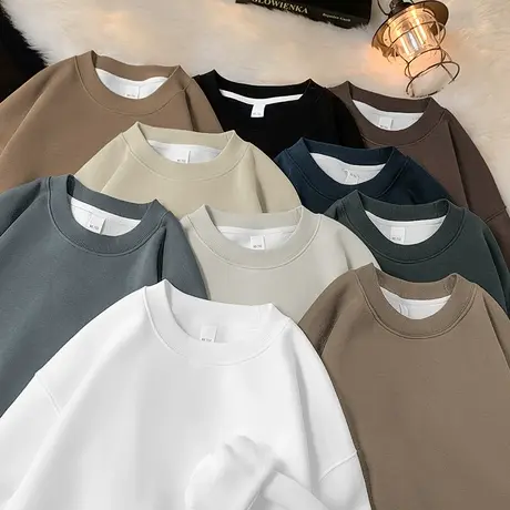 450g重磅卫衣男宽松潮流百搭秋冬加绒加厚摇粒绒圆领纯色长袖t恤商品大图