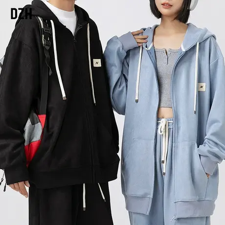 情侣春秋款麂皮绒连帽卫衣男潮牌宽松2023年新款运动开衫休闲外套图片