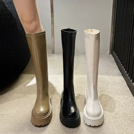 长筒靴女2023年春秋季新款超火高级法式瘦瘦靴粗跟厚底洋气骑士靴商品大图