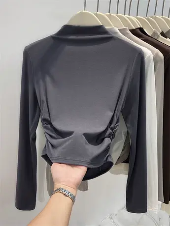 2023秋冬新款辣妹黑色内搭长袖T恤女修身短款褶皱半高领打底上衣商品大图