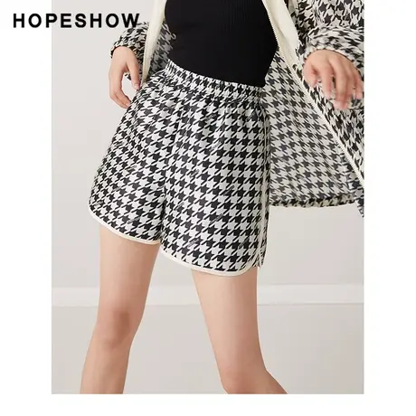 红袖outlets千鸟格印花运动短裤hopeshow2023秋款宽松显瘦休闲裤商品大图