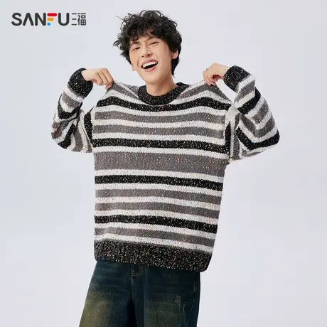 三福2023冬男士彩点纱大廓形毛衣 慵懒风宽松圆领上衣男478024商品大图