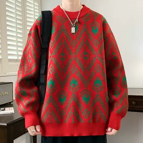 毛衣男冬季加绒加厚潮牌印花宽松圆领打底针织衫男士新款毛线衣服商品大图