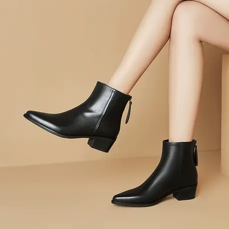 真皮头层牛皮尖头短靴柔软舒适后拉链靴女里外全皮踝靴粗跟中跟靴商品大图
