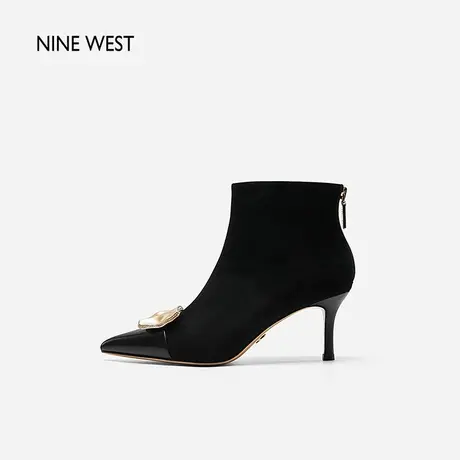 Nine West/玖熙金沙饰扣时装靴女反绒2023秋冬新款尖头高跟短靴子商品大图