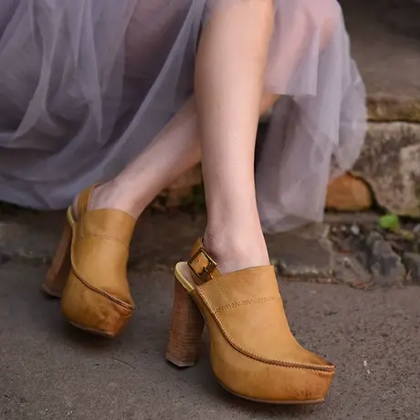 Artmu阿木原创欧美复古高跟包头凉鞋真皮防水台粗跟尖头女鞋图片