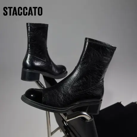 思加图冬季新款复古黑色瘦瘦靴粗跟时装靴法式短靴EC333DZ3B图片