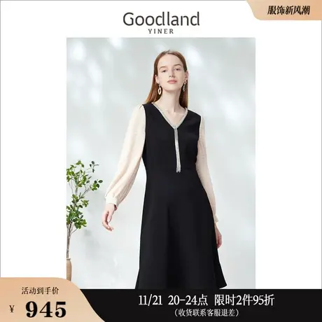 Goodland美地女装2023春季法式V领拼色流苏收腰泡泡袖连衣裙图片
