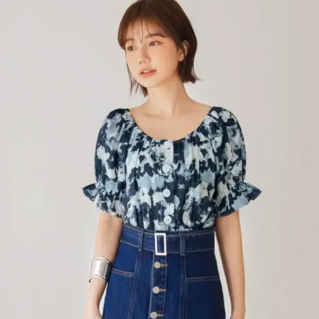 桔熊夏季海边度假洋气小衫渲染印花灯笼袖短款上衣女大码AB17390图片