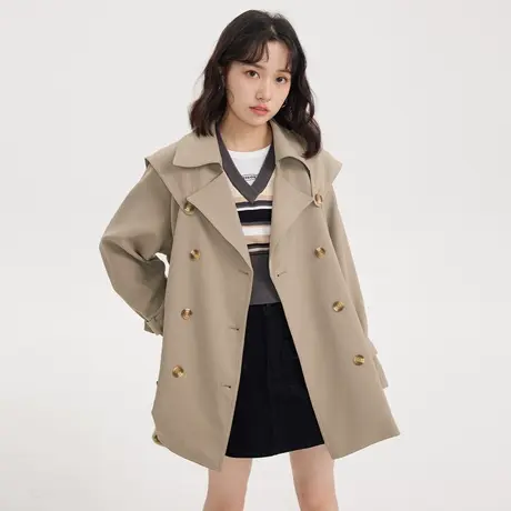 尔给秋季卡其色休闲高级感英伦复古风衣外套女2022年新款中长款商品大图