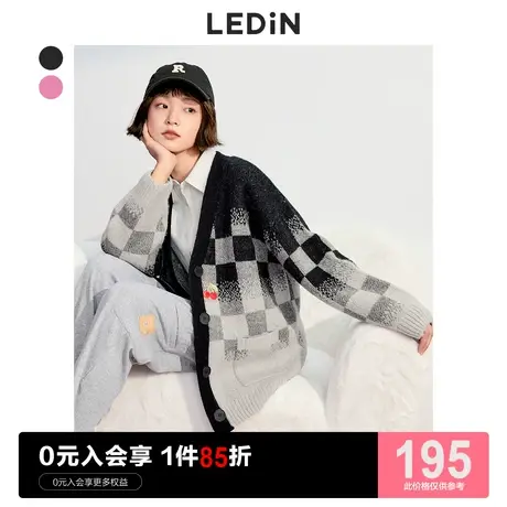 乐町新品格纹开衫女休闲秋冬新款女装毛衣外套学院风上衣针织衫商品大图