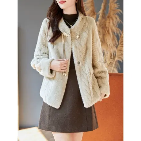 宝诗黎小立领珍珠貂绒上衣女冬季米色温柔保暖短款外套2023年新款商品大图