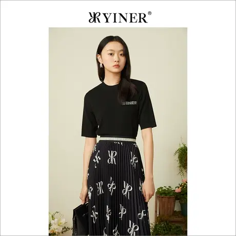 YINER音儿专柜女装2022夏季新款钉钻字母圆领针织衫套头商品大图