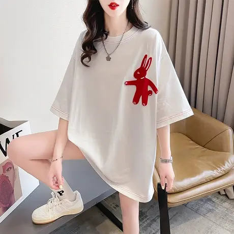 设计感小众短袖t恤女夏季韩版宽松大码女装中长款百搭刺绣上衣服图片