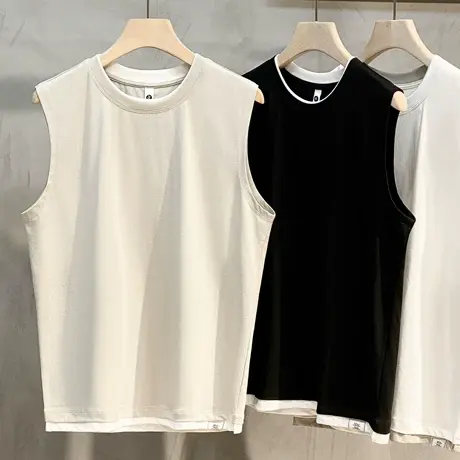 假两件男士背心个性潮流坎肩运动宽松上衣外穿无袖t恤男夏季潮牌商品大图