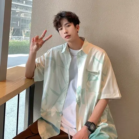 2025年休闲短袖衬衫男夏季薄款潮流宽松水墨扎染半袖潮流衬衣外套商品大图