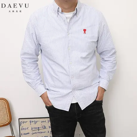 DAEVU春秋新款条纹红心潮胖子加肥加大码男士长袖休闲棉衬衫衬衣商品大图