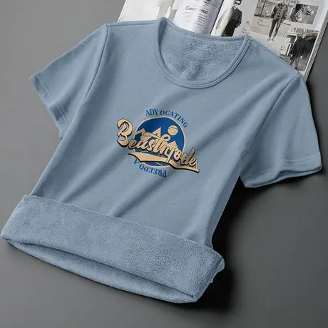 男士短袖t恤圆领上衣服秋冬加绒加厚半袖体恤潮流百搭保暖打底衫图片